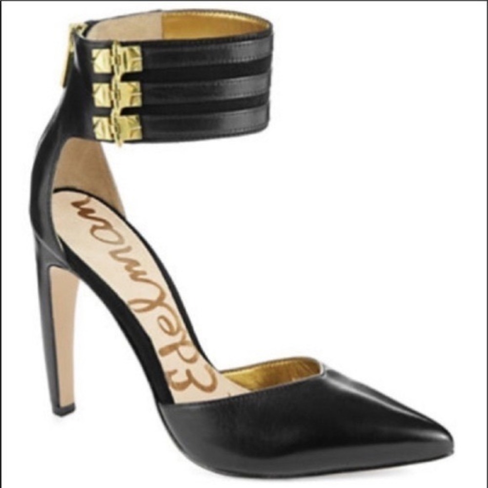 Sam Edelman Claire Black Leather Ankle Strap‎ Pointed Toe Pumps Gold Hardware 7M